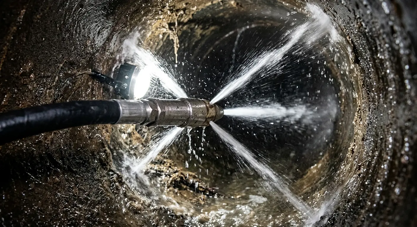 High-pressure hydro jetting nozzle cleaning sewer pipe for Emergency Drain Service in Macedon