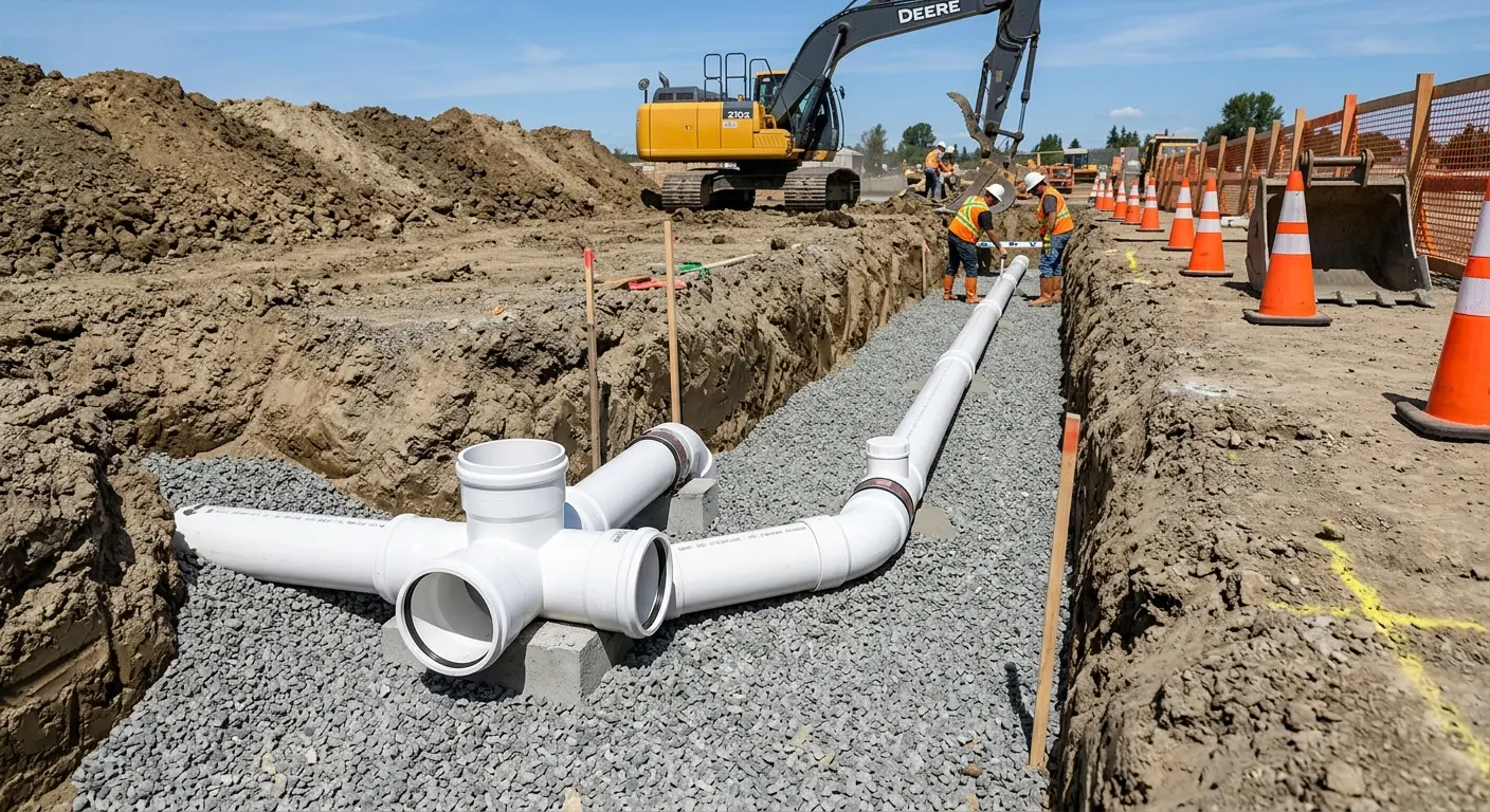 New PVC sewer pipe installation in open trench for Sewer Backup in Macedon