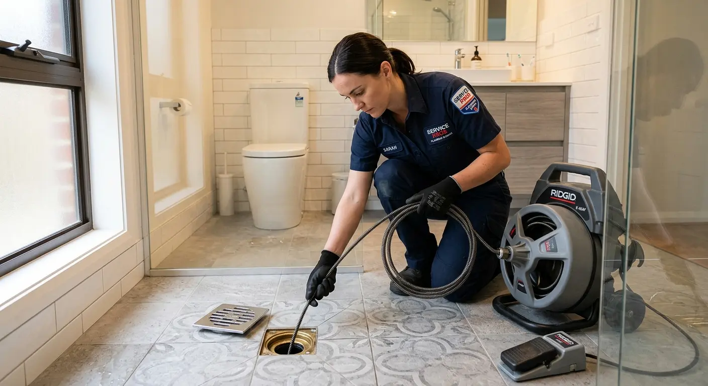 Technician clearing a bathroom floor drain for Drain Cleaning in Macedon